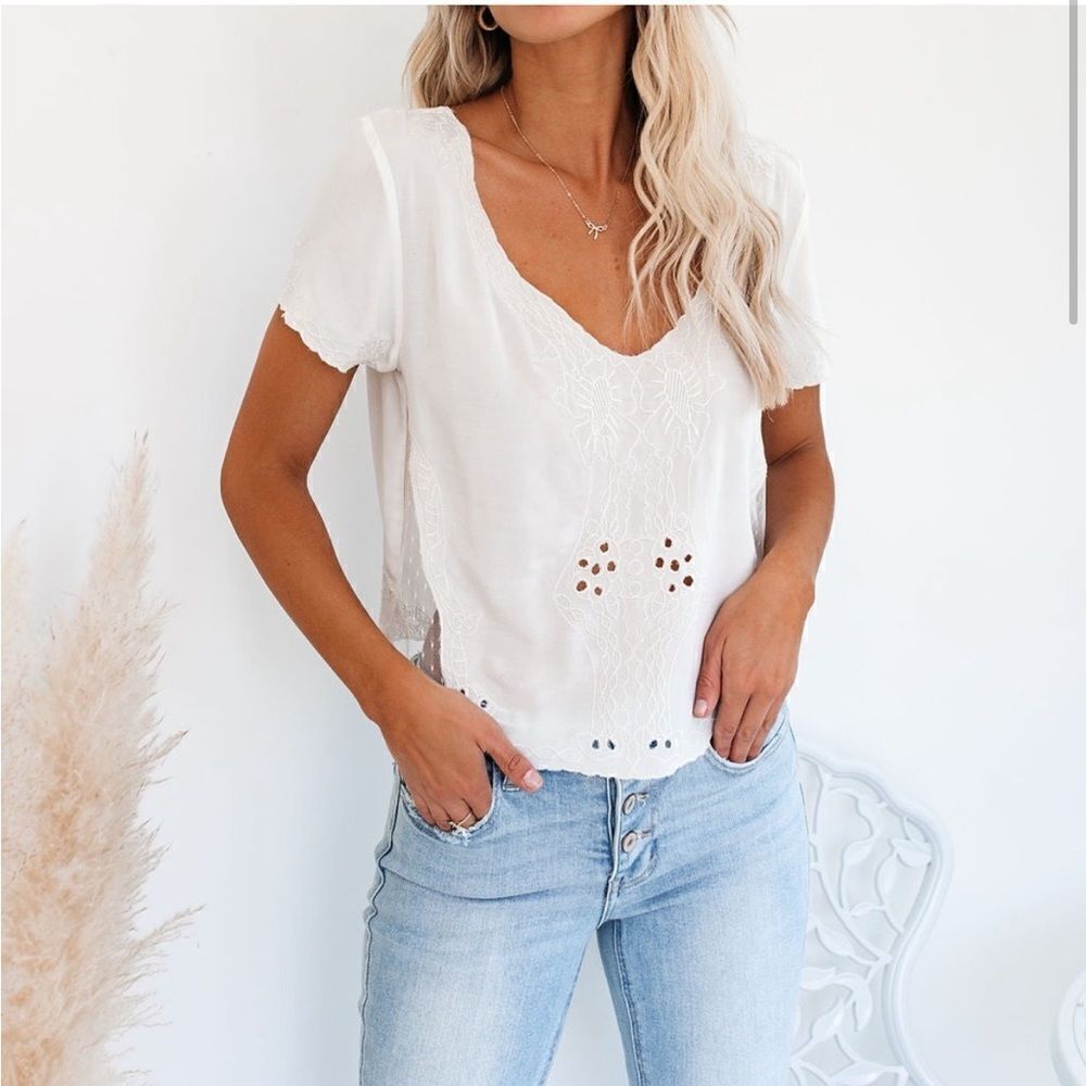 White Embroidered V-Neck Blouse